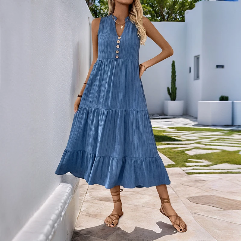 Women's Blue Sleeveless V Neck Button Front Tiered Midi Dress Summer Casual Party Vacation Boho Fashion Slim Fit