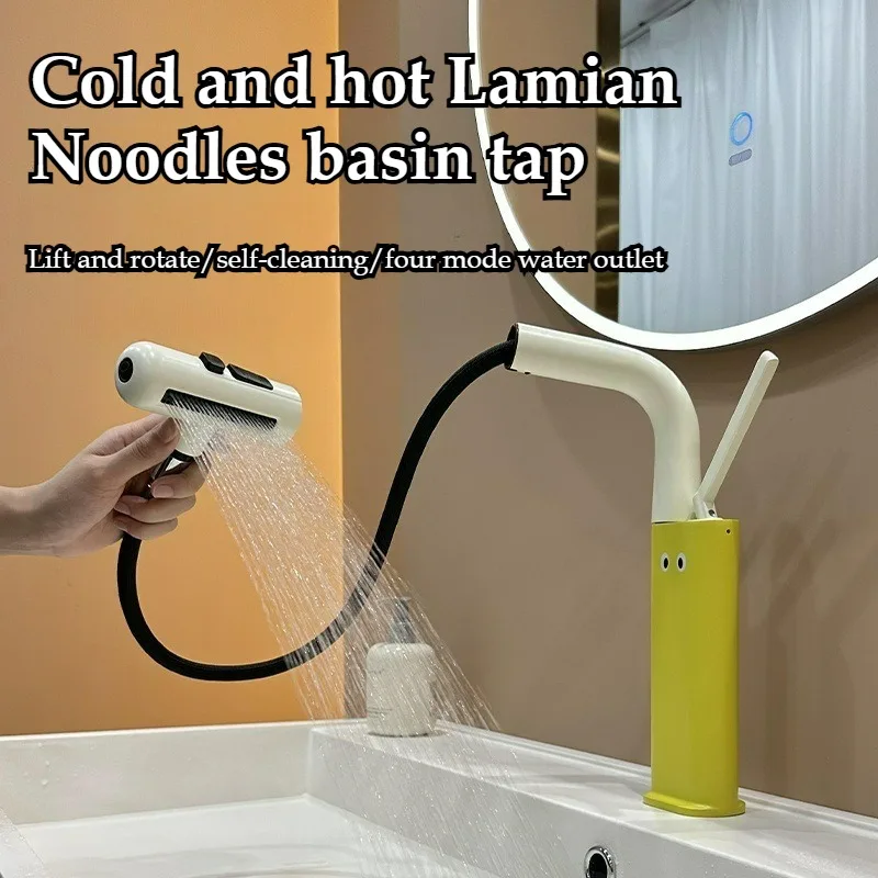 

Bathroom Sink Pull-out Faucet Cream Wind Hot and Cold Faucet Colored Cute Sink Basin Single Hole Lifting Pull Single Handle Tap