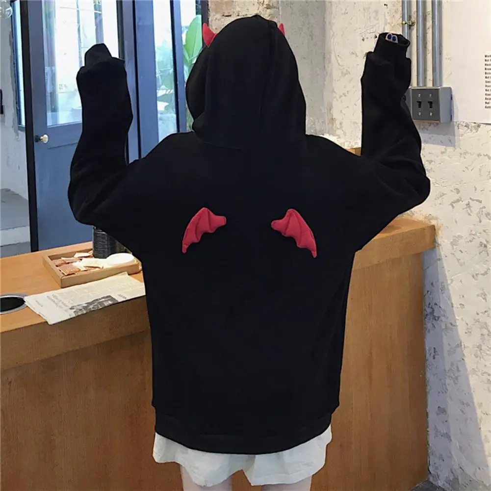 Girl Little Devil Horns Gothic Hooded Sweatshirt Long Sleeve Loose Fit Women Demon Fly Wings Hoodie Streetwear