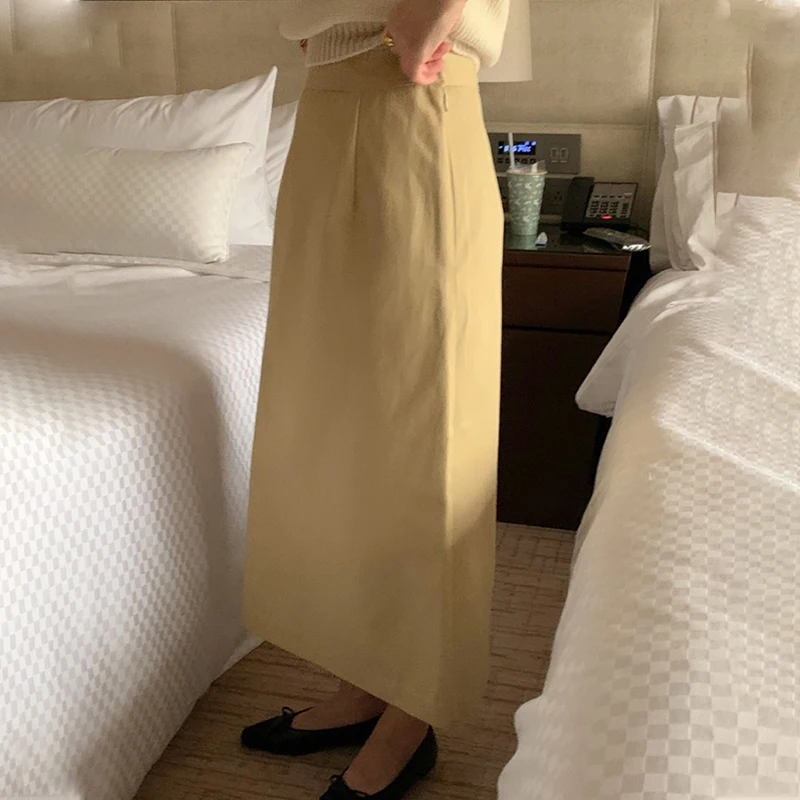 High Waist Yellow Beige Asymmetrical  Midi Skirt Women's Spring Autumn Slimming Short plus Size Bodycon Trendy Skirt