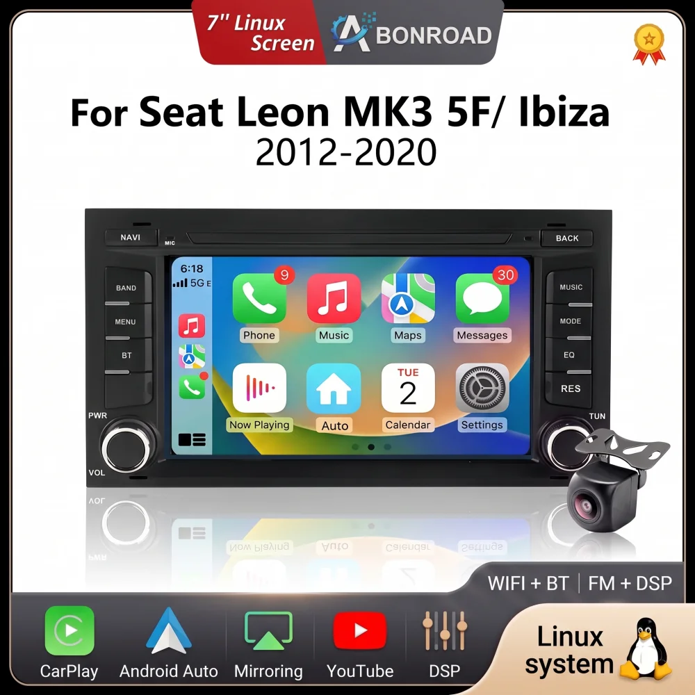 Bonroad 7-calowe radio samochodowe z systemem Linux, bezprzewodowym CarPlay, kompatybilne z Seat Leon Mk3 5F (2012-2020), wyposażone w funkcje AirPlay, Mirror Link, kamerę, Bluetooth, nawigację GPS