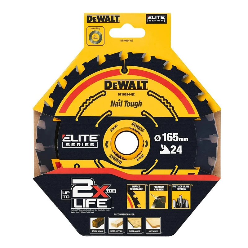 DEWALT DT10624 165 x 20 mm 24 T Hoja de sierra circular de construcción Grado C3 Metal duro Accesorios de herramientas eléctricas de corte rápido