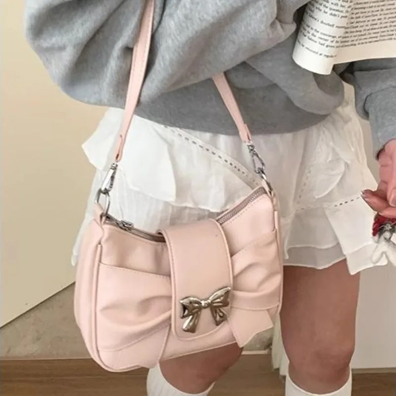 Xiuya Pink Bow Womens Shoulder Bag Korean Fashion College Style Elegant Handbag Square Pleated Sweet Casual Leather Armpit Bag 6 5ml stock customized oil roll on bottle square pink red transparent bottle lip oil container roll on lip gloss roller tubes