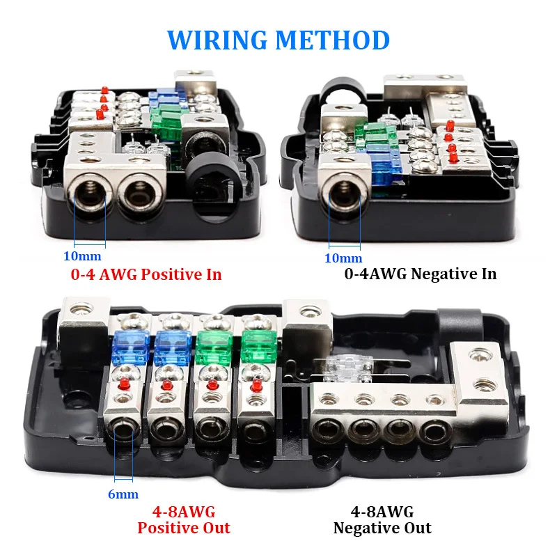 

Power Distribution Block, 80A 12V DC, 0/2/4 Gauge Input to 4/8 Gauge Output, Black and Silver