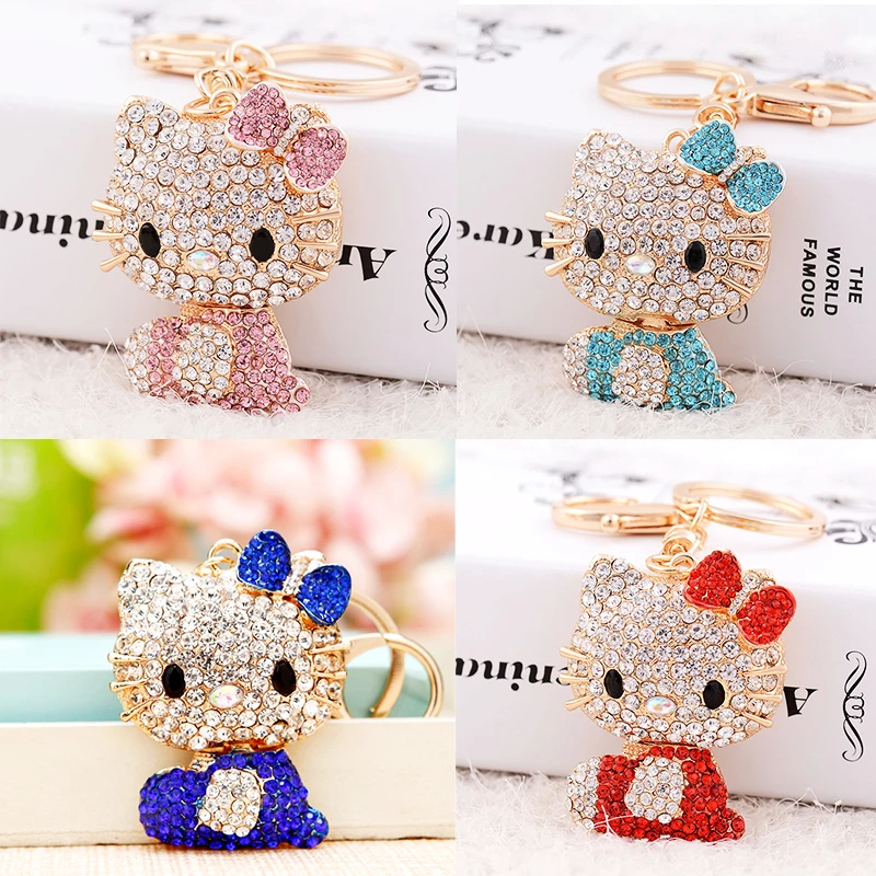 Kawaii Hello Kitty Full Crystal Keychains Bicycle Sanrioed Kt Cat Key Chain Rhineston Key Ring Jewelry Ornament Car Bag Pendant