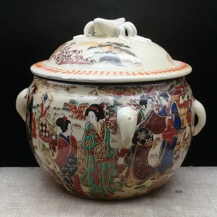 Antique Porcelain Qing Qianlong Pink Colored Ladies Picture Four Series Pot Cover Home Decoration