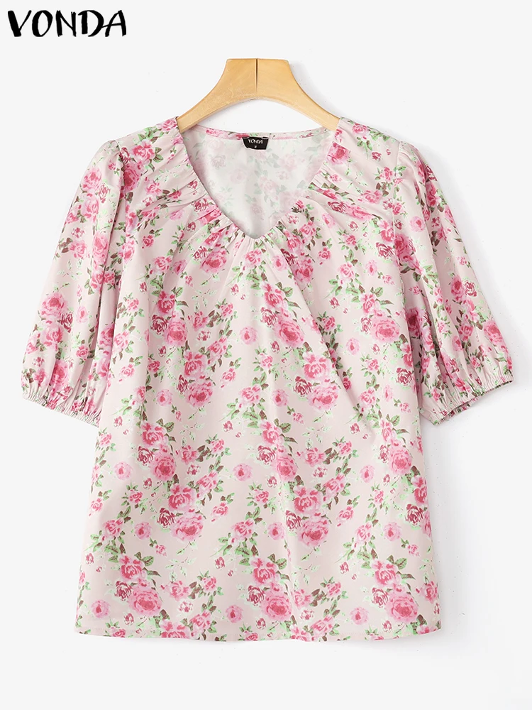 

VONDA женские летние топы с короткими рукавами-фонариками, блузка с цветочным принтом, 2025 г., повседневные блузки с v-образным вырезом, богемная пляжная туника, плиссированные рубашки