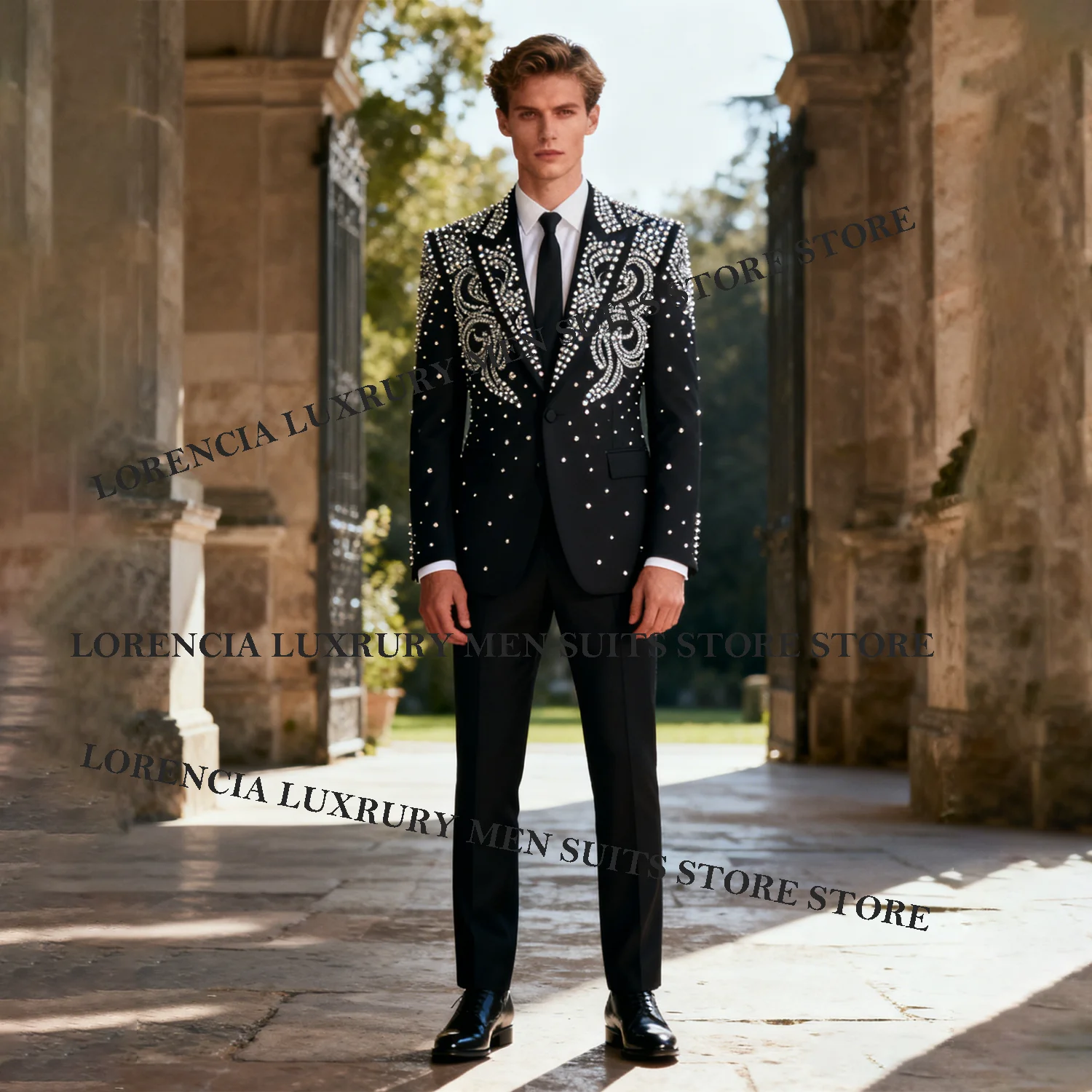 

Fashion Crystals Diamond Men Customized Luxury Suit Slim Groom Blazer 2 Piece Set Wedding Male Ropa Hombre Formal Groom Tuxedos