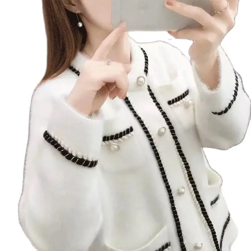 

Autumn Winter New Short Imitation Mink Fleece Sweater Women's Coat Loose Korean Version Knitting Crew Neck Cardigan Outerwear