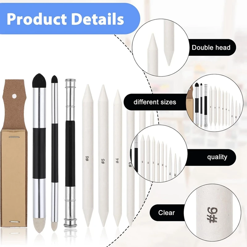 13PCS Blending Stump, Art Blenders with Blending Sponge Pens and Sandpaper Pencil Sharpener Blending Sticks for Drawing-ABHG - view 3