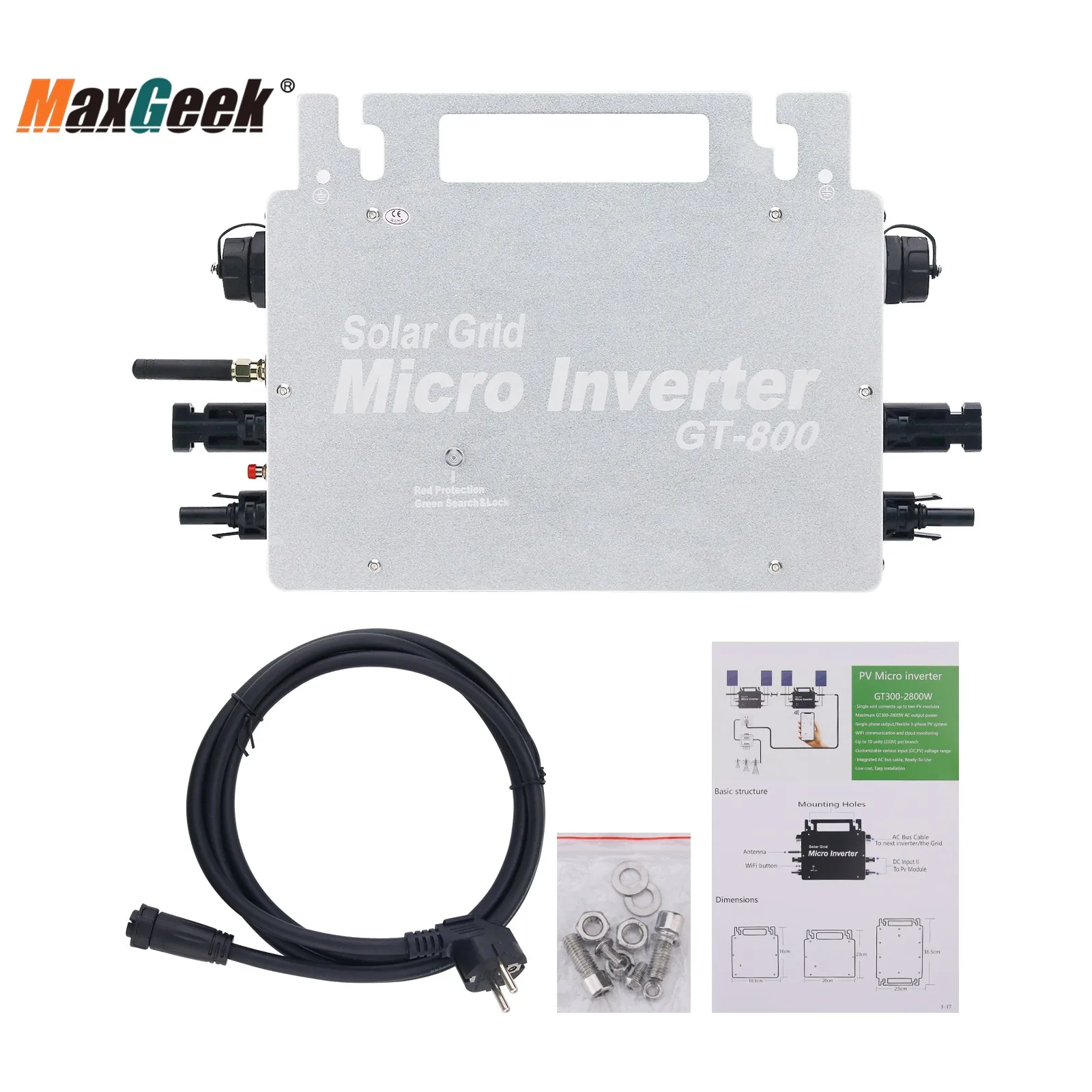 Maxgeek GT-800W Silver/Black Solar Grid Micro Inverter IP66 Waterproof Solar Inverter Enables Phone APP Monitoring