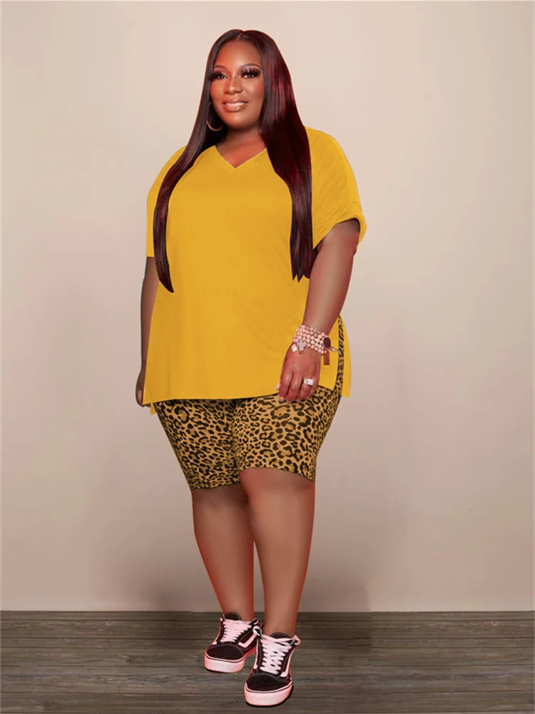Wmstar Plus Size Women Clothing Loose Top Leopard Shorts Matching Set Casual 2 Piece Outfits New Summer Wholesale Dropshipping