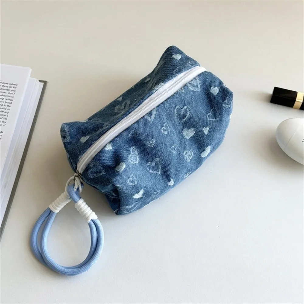Large Capacity Butterfly Print Cosmetic Pouch Puffy Washable Storage Pouch Organizer Pillow Shape Heart Denim Makeup Bag