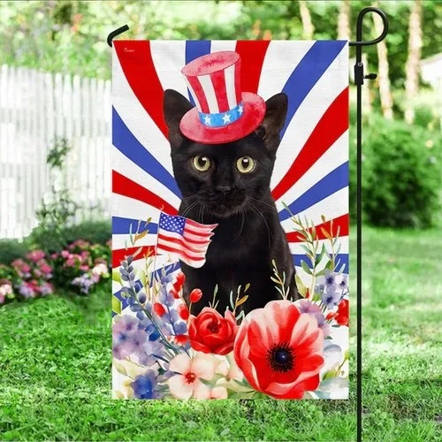 Black Cat Flowers Happy 4th Of July Garden Flag, Freedom Day Flag VVL YYX EEZ