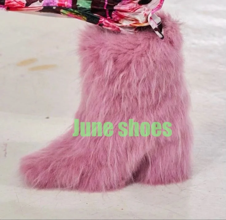

Lady Pink Fur Chunky Heel Ankle Boots Footwear New Arrive Runway Pointed Yoe Calf Boots Punk Y2K Pink Fur Elegant Boots Size 46