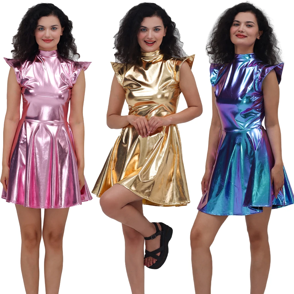 Glänzendes Damenkleid, metallisch, Übergröße, Alien-Kostüm, ärmellos, futuristisch, ärmellos, Weltraum-Skater, Disco, holografisches Partykleid