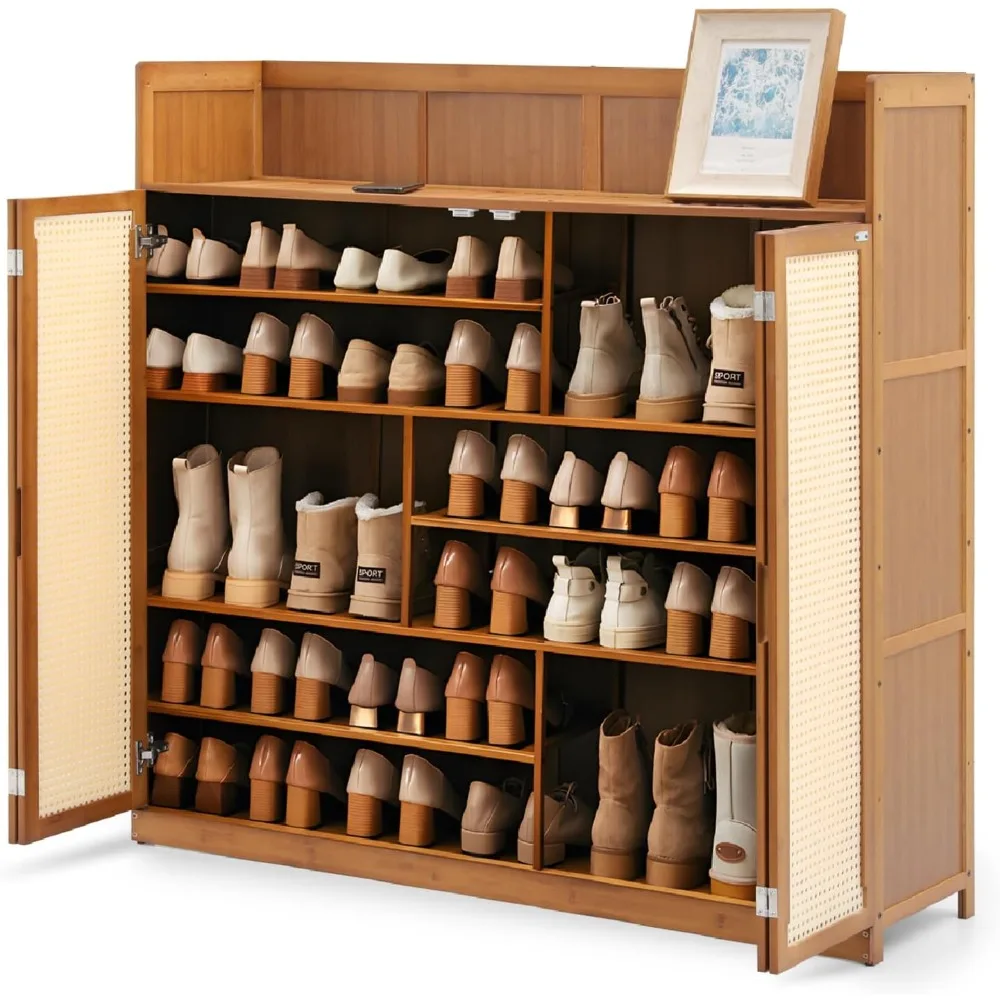 45-Inch Bamboo Shoe Storage Cabinet with Six-Tier Rack and Elevated Top Shelf