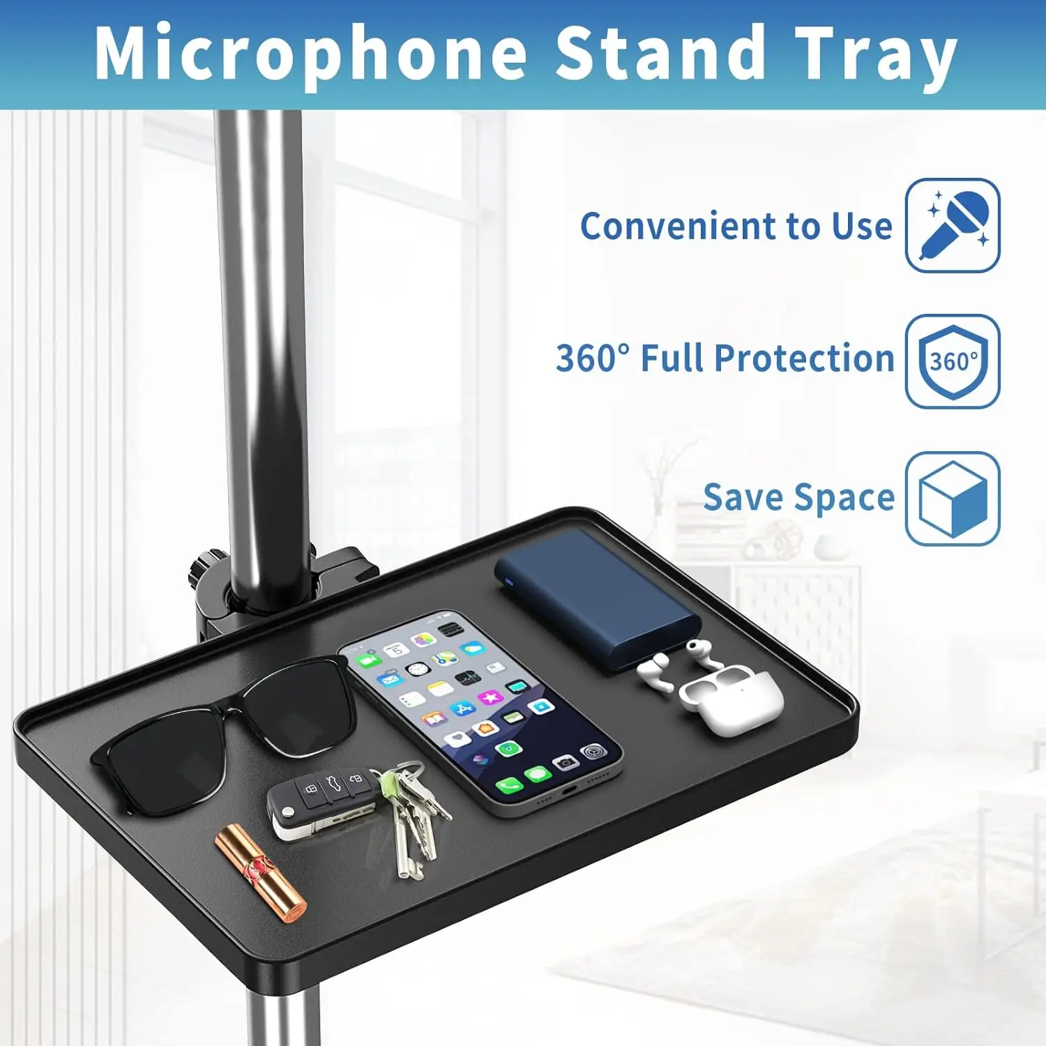 Microphone Stand Tray Mic Stand Tray with Phone Holder Adjustable Clamp On Stand for Singing Podcast Recording Streaming Stage