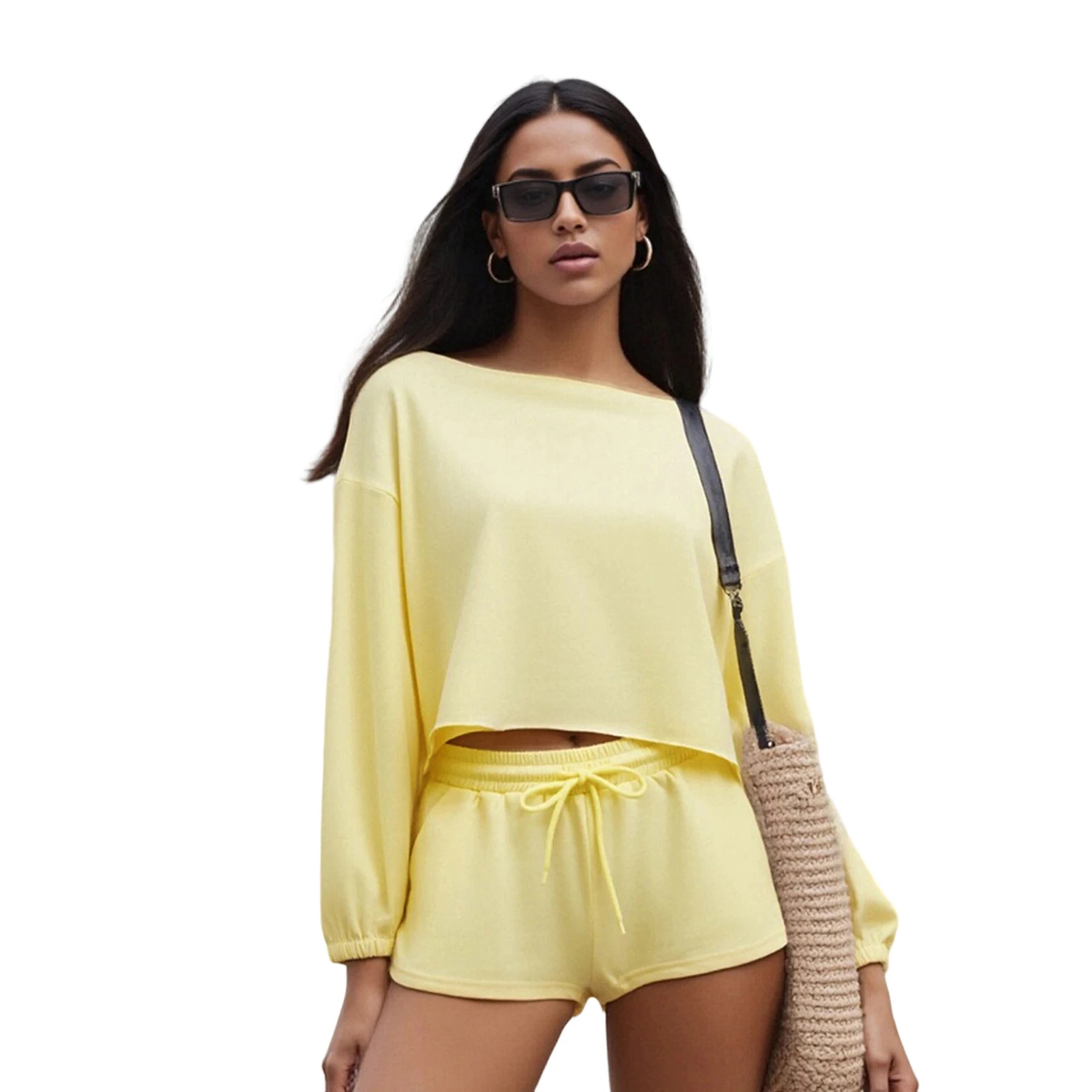 

Women s 2 Pieces Outfits Off the Shoulder Long Sleeve Solid Color Tops and Shorts Set Sweatsuit