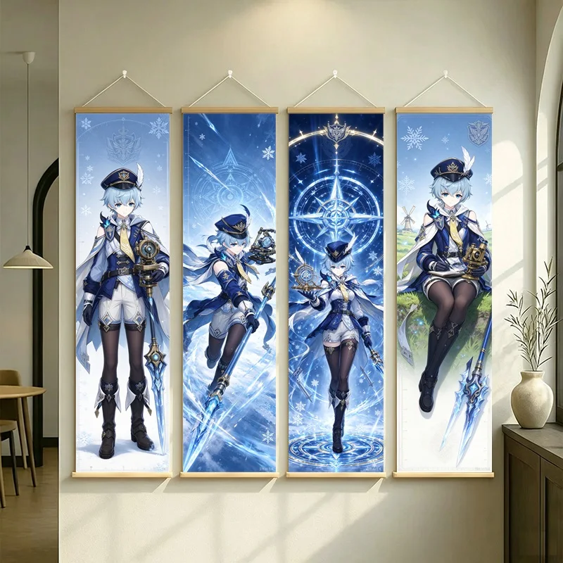 Hanging Scroll Wall Art of Genshin Impact Ineffa with Blue Celestial Motifs on Silver Shimmer Canvas for an Anime Bedroom