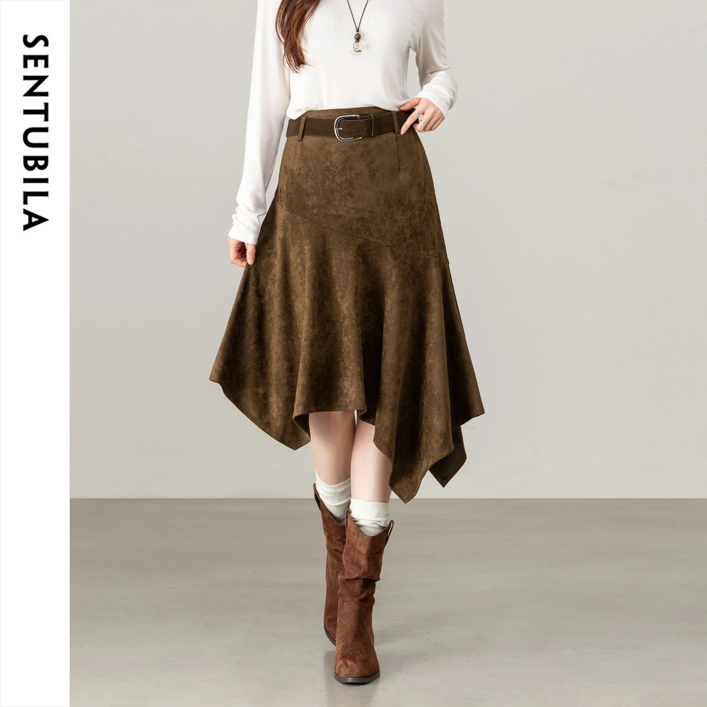 SENTUBILA Women Midi A-Line Skirt 2026 Fall Irregular Hem Slim Fit Skirt with Detachable Belt Commuter Female Clothing W64QE8921