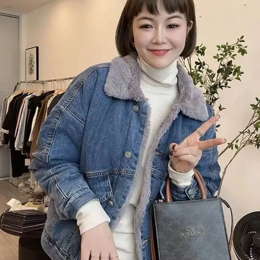 

Denim Coat With Fur And Hood Plush Womens Winter Quilted Fluffy Hooded French Style Urban Social Standneck Buttoned Layered Chic