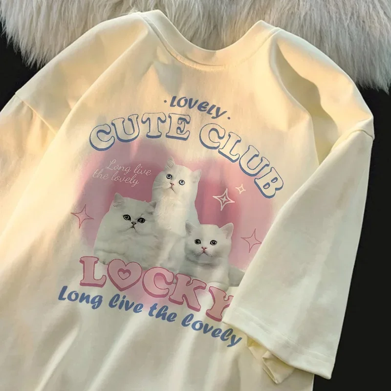 

Летняя японская милая простая футболка с короткими рукавами для женщин и мальчиков с принтом кота, свободная повседневная футболка большого размера