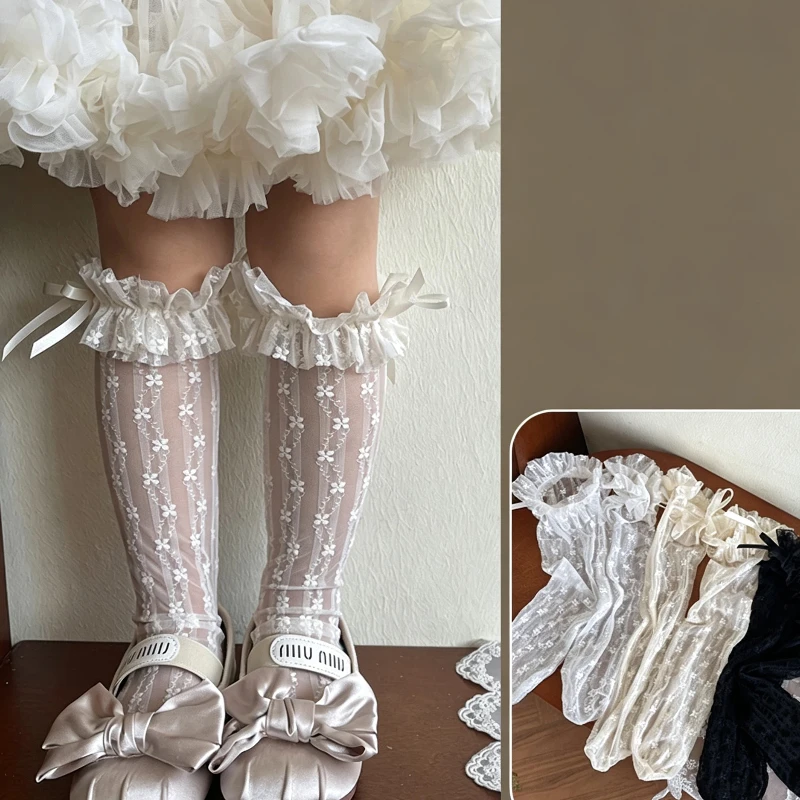 Girls Summer Thin Mid-Calf Socks Lolita Style Mesh Fabric Decorated Four-Petal Flower Bow Lace Ruffle Trim Soft Elastic Hosiery