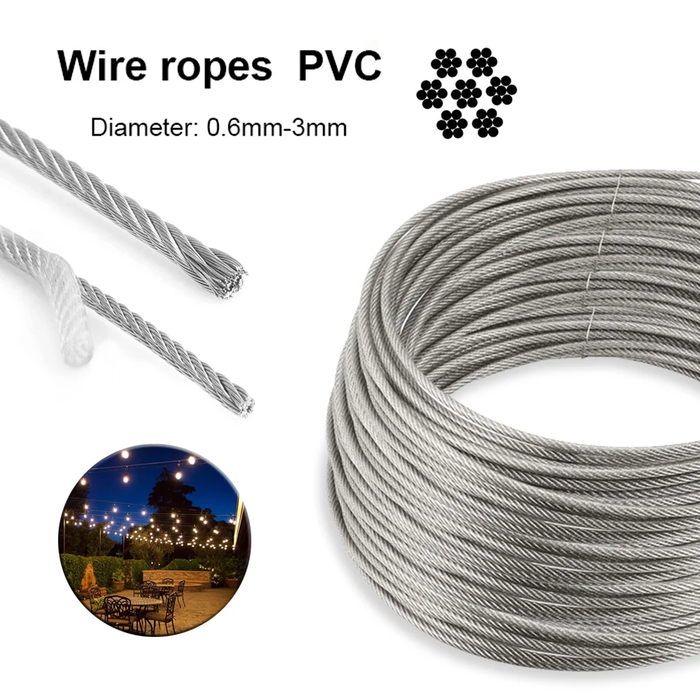 5/10m 7x7 Plastic-Coated Stainless Steel Wire Rope Rubberized Rope Balcony Grape Trellis Rope 0.6mm/0.8mm/1mm/1.2mm/1.5mm/2mm/3m