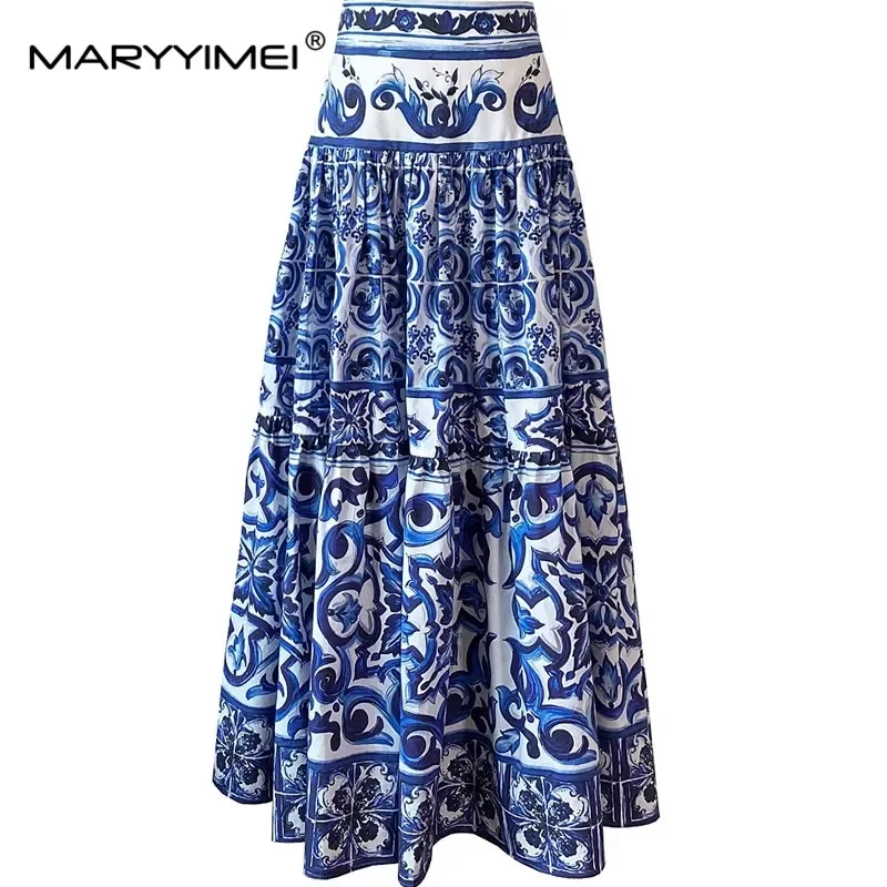 

Gedivoen Fashion New Summer Women's Blue and white porcelain Print Casual High quality Cotton Skirt