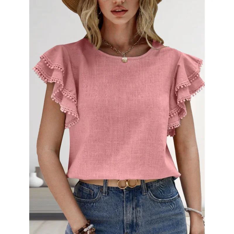

European and American 2025 Women's Casual Round Neck Summer Loose Shirt Ruffle Batwing Short Sleeve Top