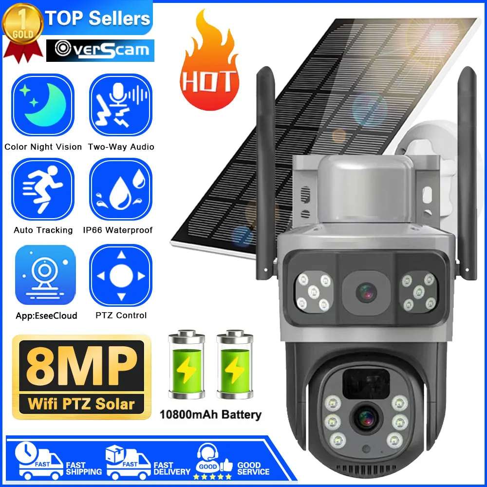 

4K 8MP WiFi Solar Battery Camera 128G Card Dual Lens Dual Screen Outdoor Security Protection PTZ Cam PIR Human Detection CCTV