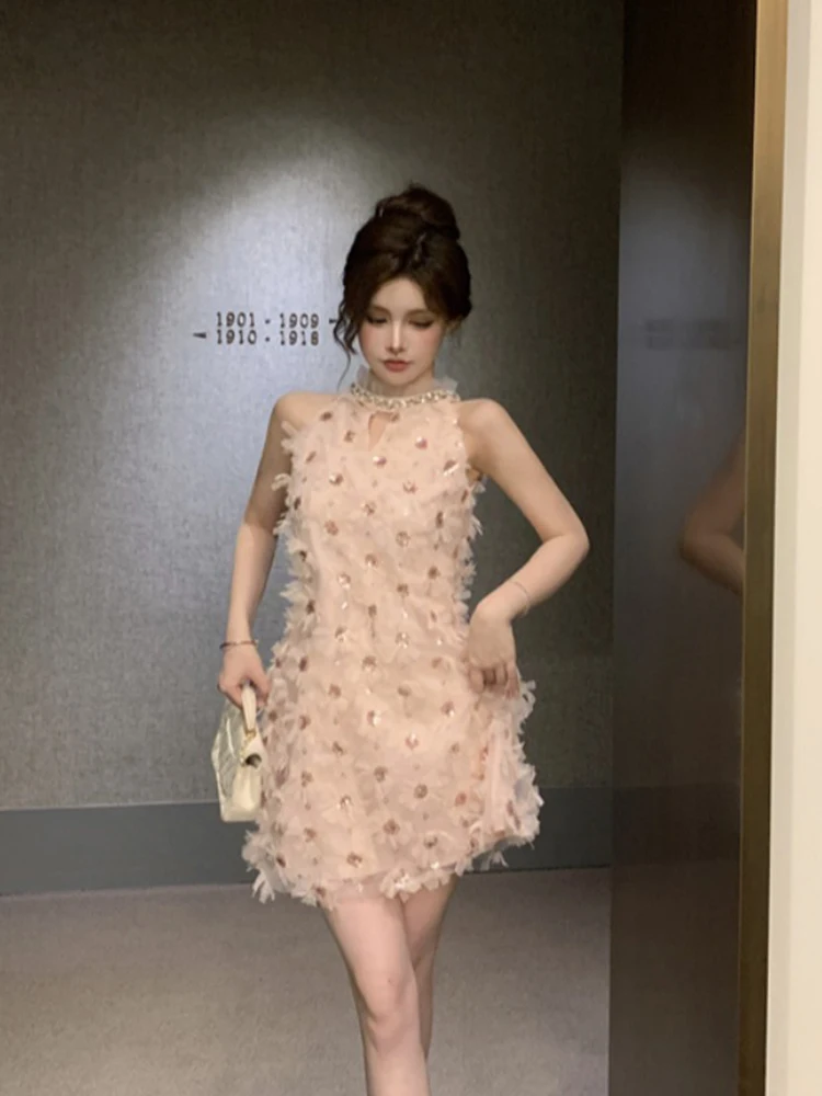Sequined Party Dresses Sweet Pure Design Wind Sexy Mini Dress Three Dimensional Flowers Vestidos