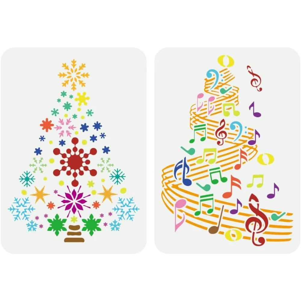 

2 шт. трафареты для рисования рождественской елки в виде снежинок 8,3x11,7 дюйма, выдолбленные музыкальные ноты, шаблоны для рождественской елки, пластиковые снежинки