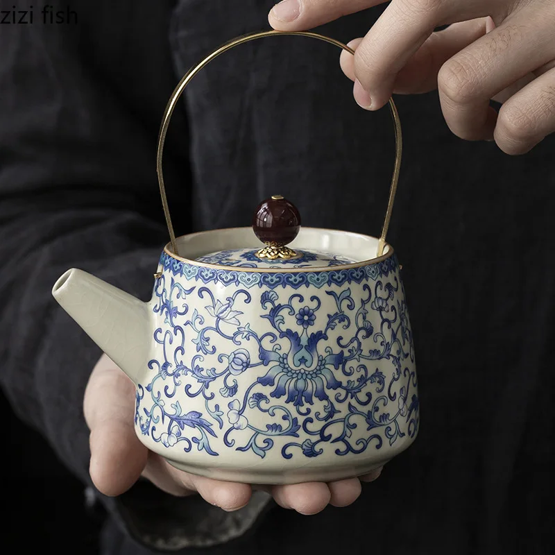 Interlocking Lotus Scroll Ceramic Teapot Retro Lift Handle Teapot Single Pot Kung Fu Tea Set Tea Inuser Ru Kiln Crackle Teaware