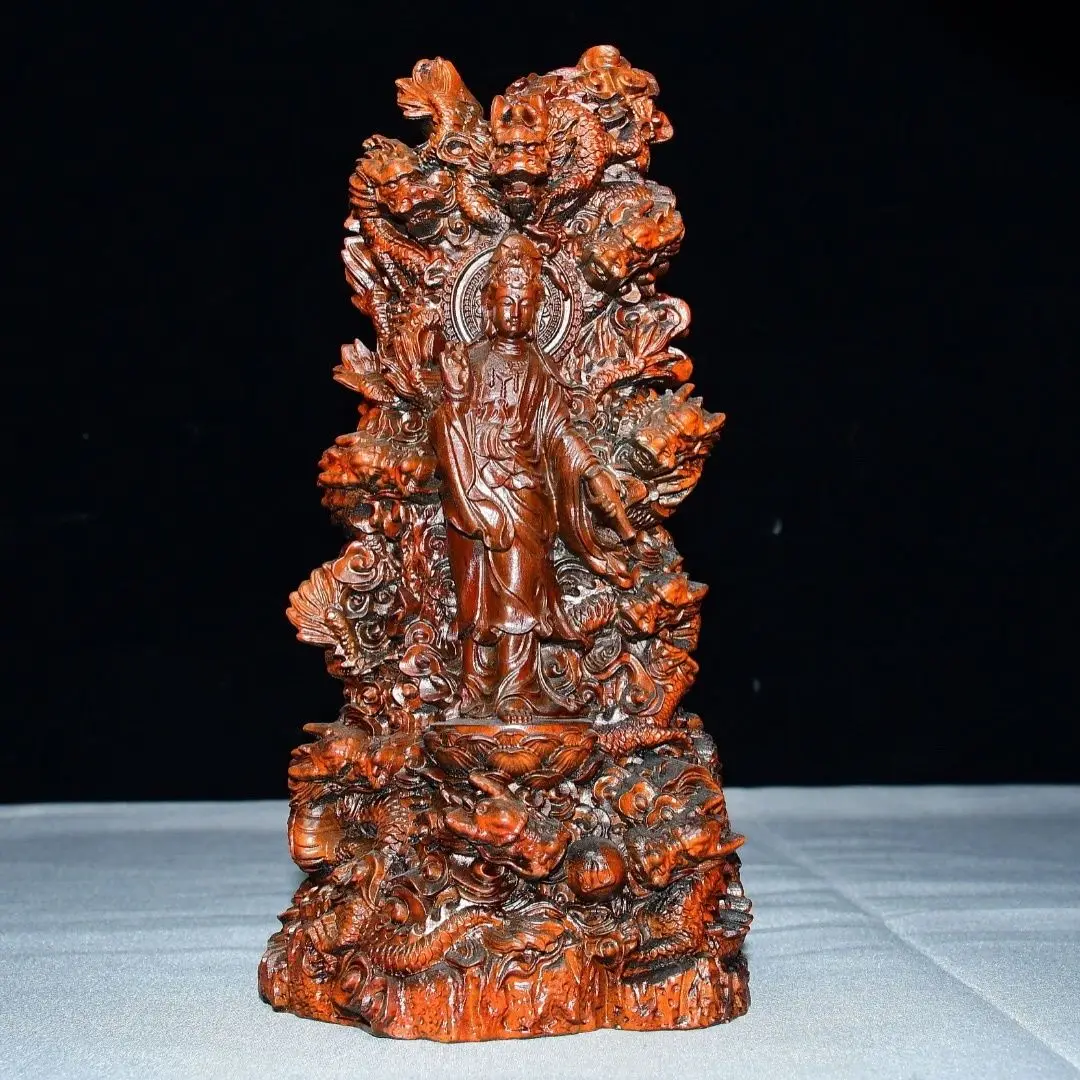 Hand Carved Wood Nine Dragons Guanyin Statue Figurine Home Desktop Ornament Craft Gift