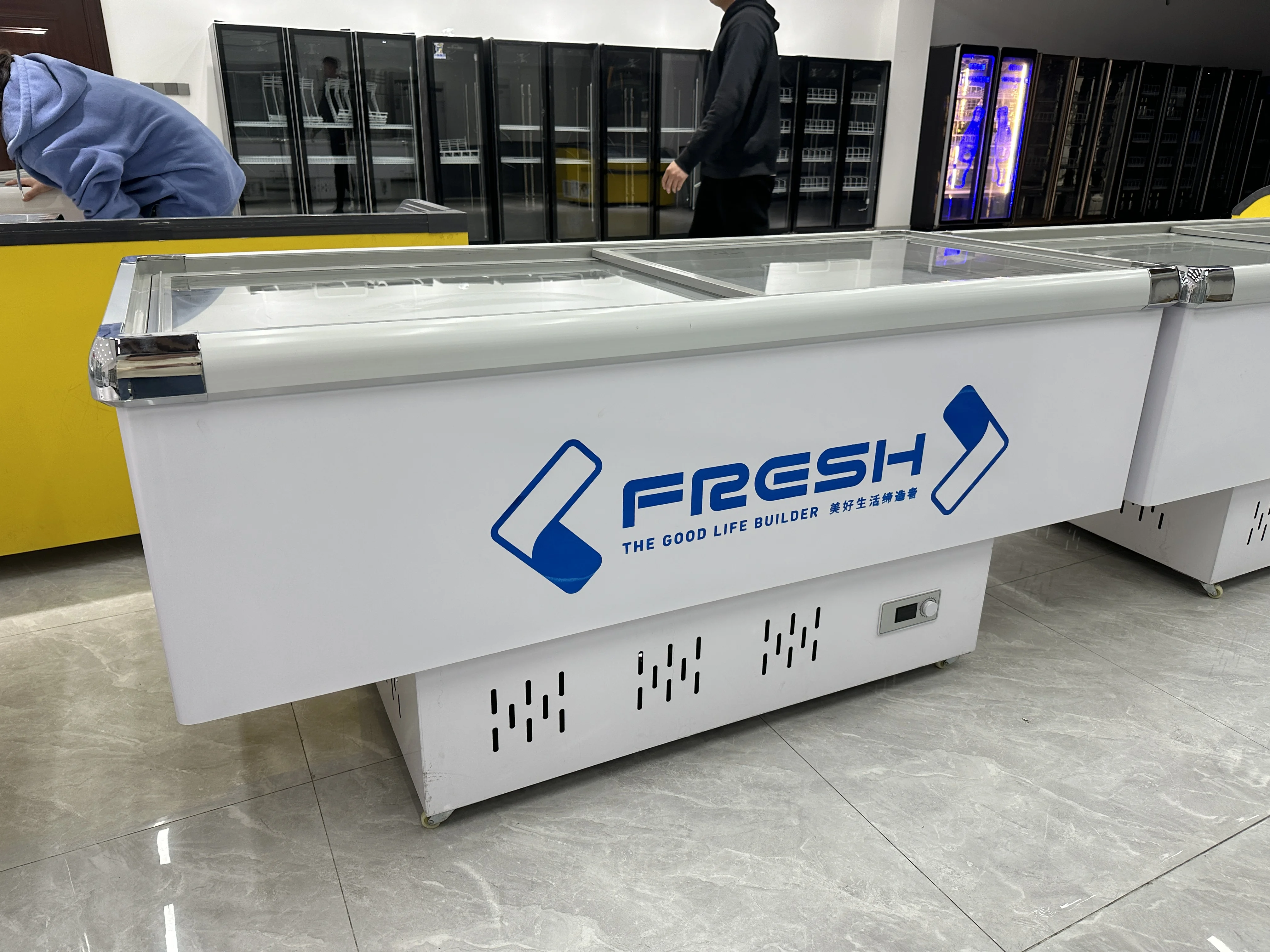 الجملة التجارية سوبر ماركت جزيرة التبريد الفريزر جودة عالية ضاغط انزلاق الباب الولايات المتحدة التوصيل استخدام جديد في الهواء الطلق