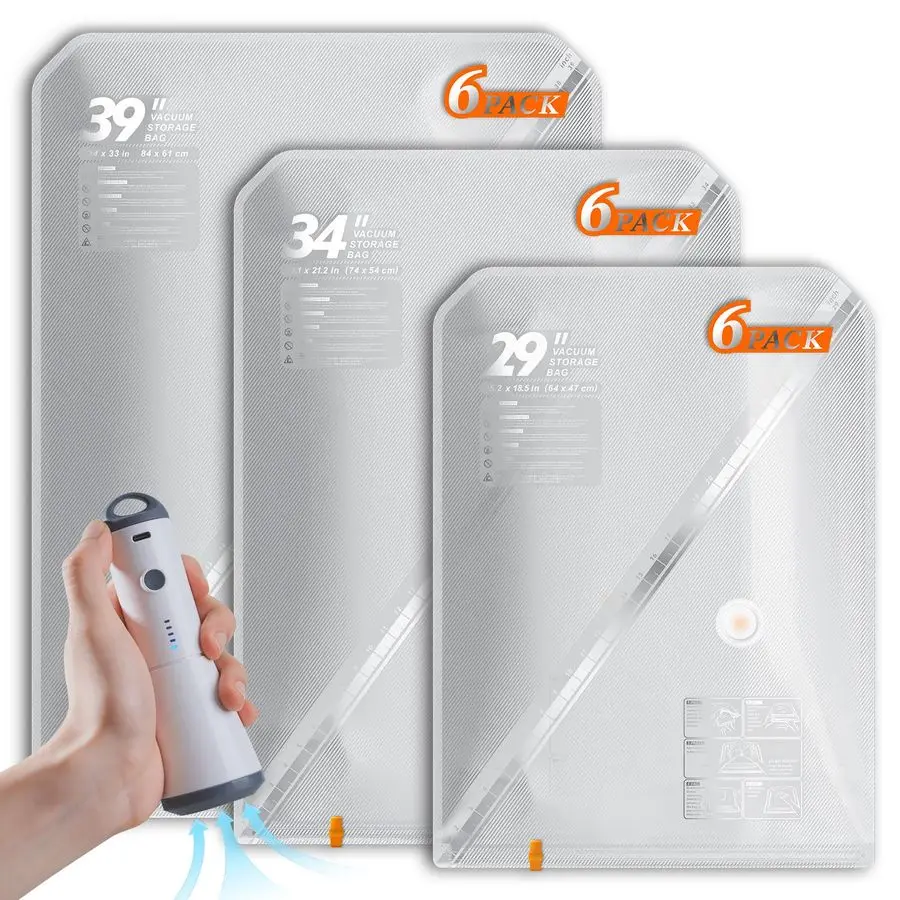 

Вакуумные пакеты для одежды с перезаряжаемым беспроводным насосом, 18 штук, компрессионные пакеты для хранения и экономии места, для упаковки одежды.