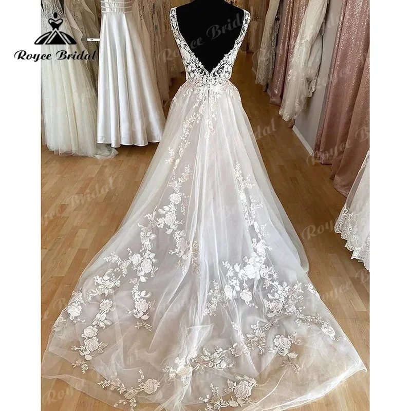 Robe Vestido Wedding Dress Unlined Bodice FLowy A Line V Neck Sleeveless Floral Vestaglia Donna Open Back Bridal Gowns Trouwjurk