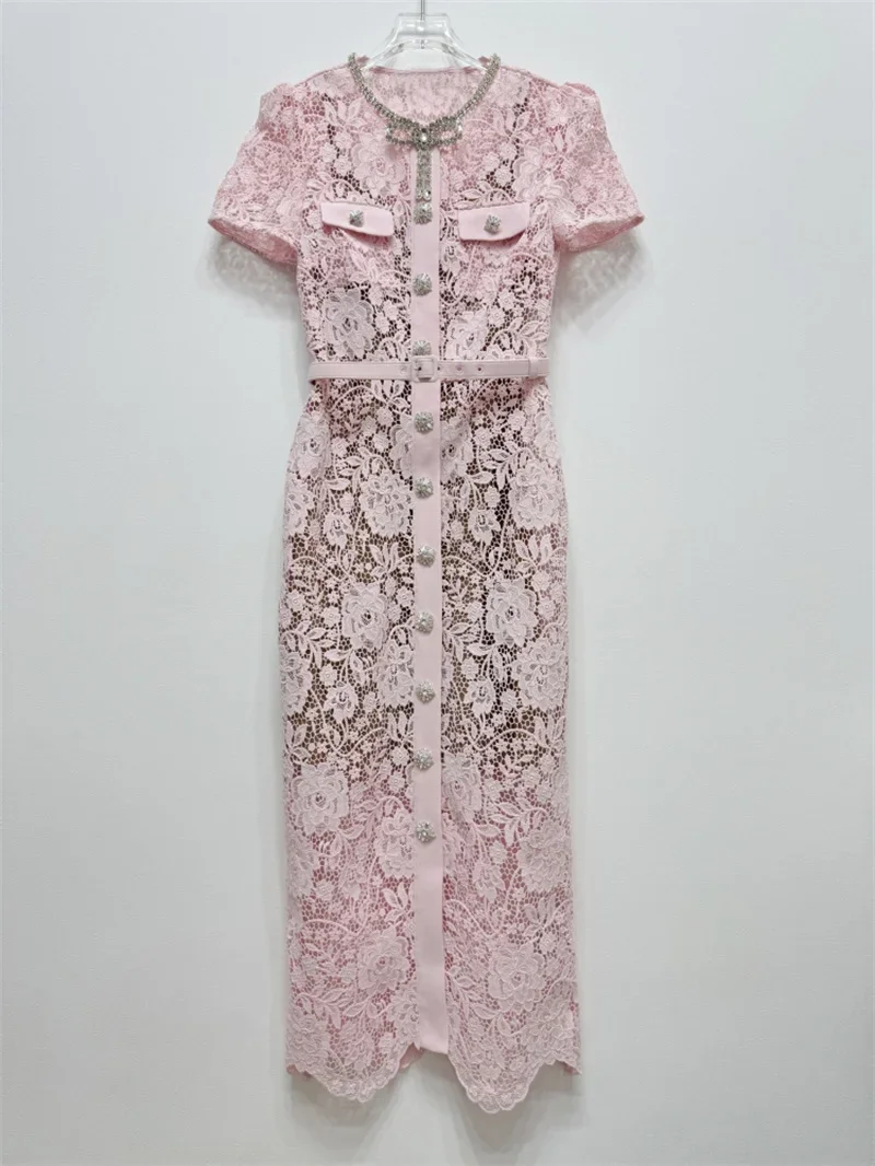 Women\'s Pink Lace Midi Dress Bow Diamond Buttons Short Sleeve O-Neck Sweet Autumn 2024 Robe with Sashes