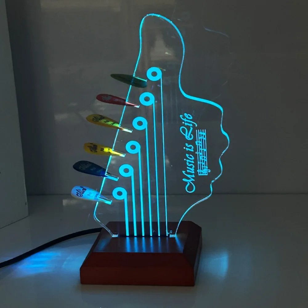 Light Up Guitar Pick Case Holder Acrylic Headstock Shape Guitar Pick Display Stand with Light Music Gift Night Light