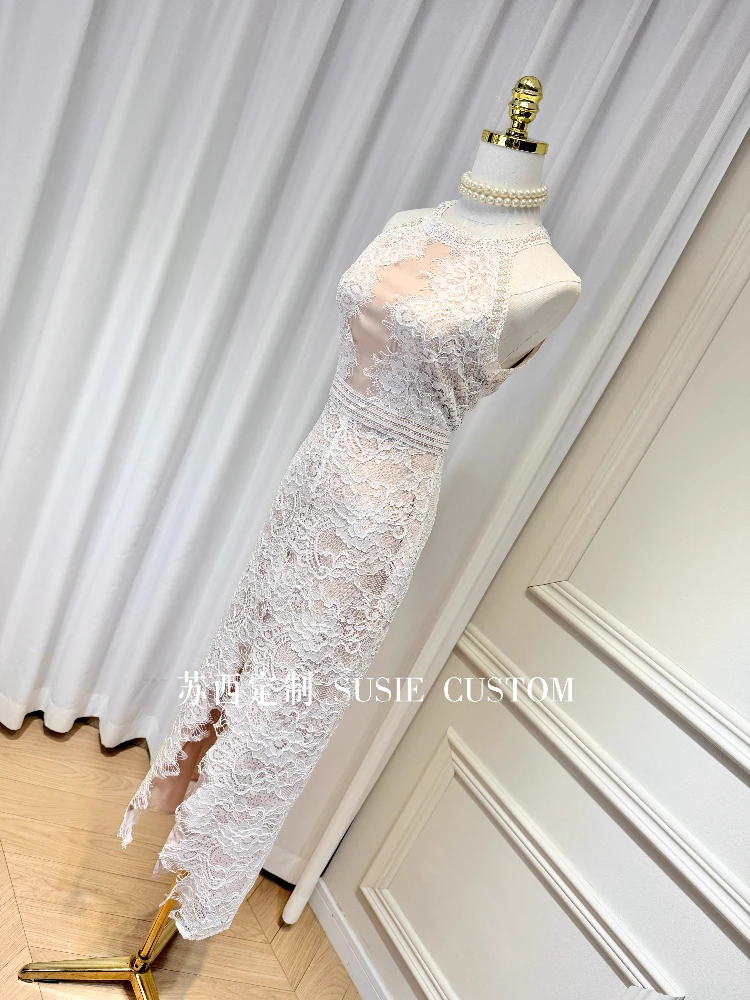 فستان سهرة فرنسي أنيق اجتماعي دانتيل مرقع رسن خارج الكتف بدون أكمام عالي الخصر سبليت Bodycon فستان طويل للنساء