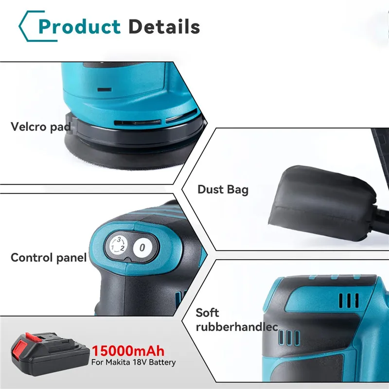 125mm Electric Orbital Sander 3 Speeds Adjustable Cordless Rechargeable Polishing Grinder Machine for Makita 18V Battery