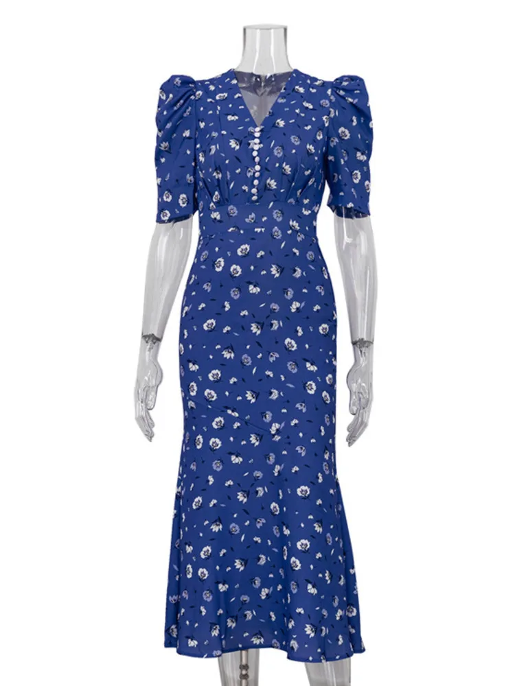 فستان Blifanbo مطبوع بأكمام قصيرة ورقبة على شكل V فستان ماكسي للنساء أنيق بخصر عالٍ وطباعة أزرار مثيرة ونحيفة للعطلات