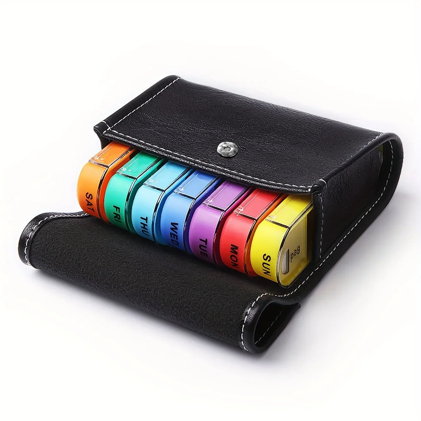 

Weekly Pill Organizer Box Case Travel Medication Reminder Daily AM PM, Day Night 7 Compartments in Leather Carrying Case