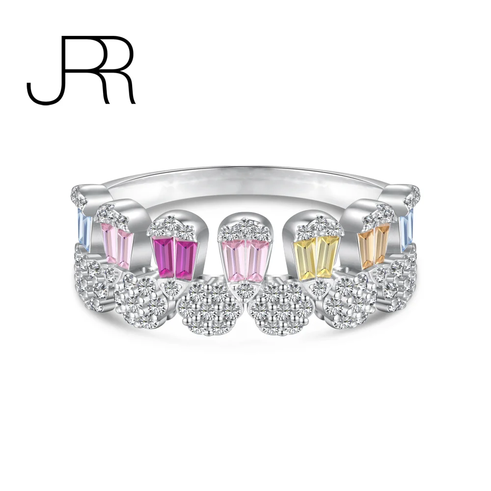 

JRR Rainbow Collection 100% 925 Sterling Silver Crown Colorful Round Diamond Cocktail Rings For Women Girls Fine Jewelry Gift