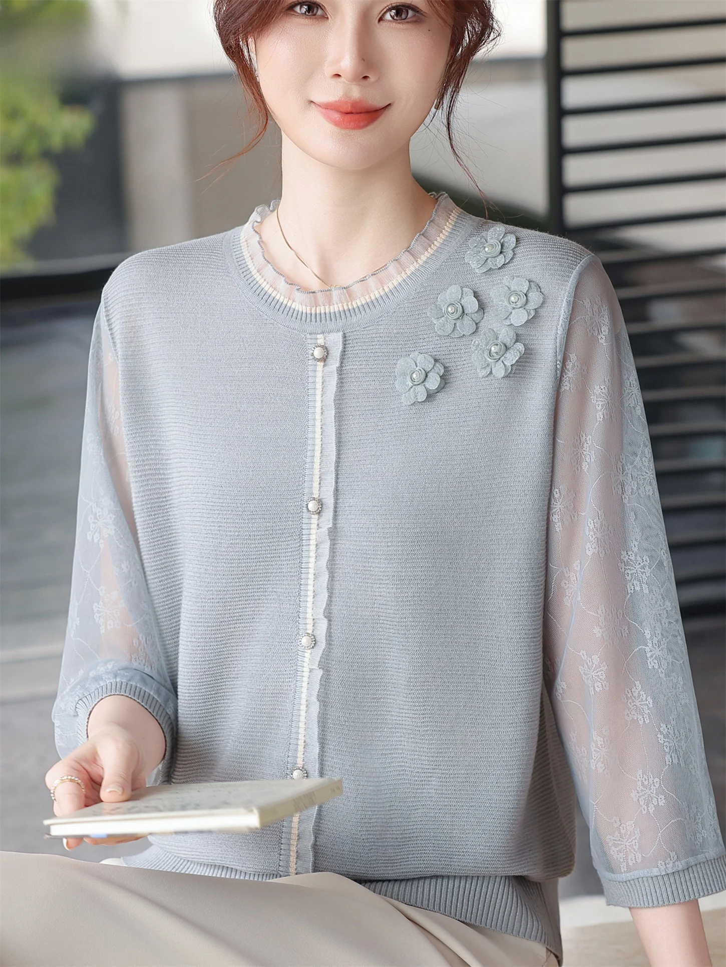 

Spring Summer Faionable Lace Sve Base irt Thin Sle Women's Middle-aged And ly T-irt Casual Loose Fit round Ne