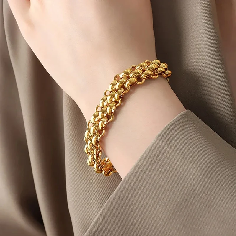 1pc Punk Gold Plated Stainless Steel Bracelets for Women Men Chunky Metal Thick Cuban Chain Statement Bracelet Charm Jewelry image 4