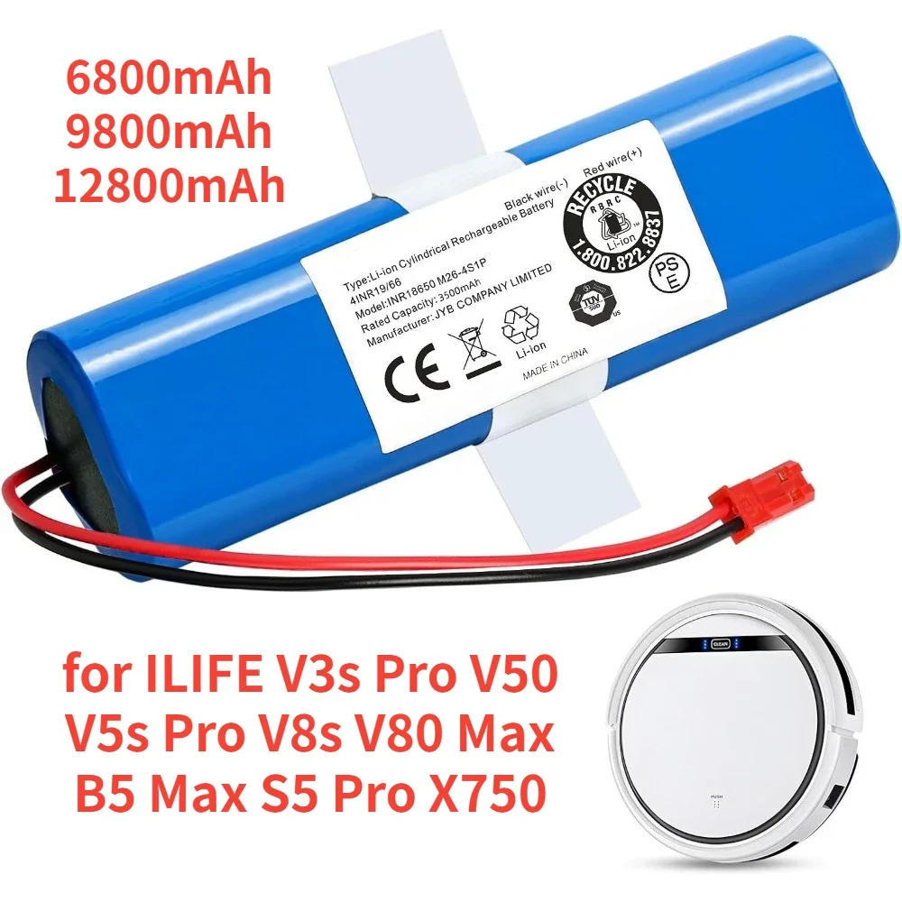 

14.8V Battery 12800mAh Lithium Battery for ILIFE V3s Pro V50 V5s Pro V8s V80 Max B5 Max S5 Pro X750 Robot Vacuum Cleaner Battery