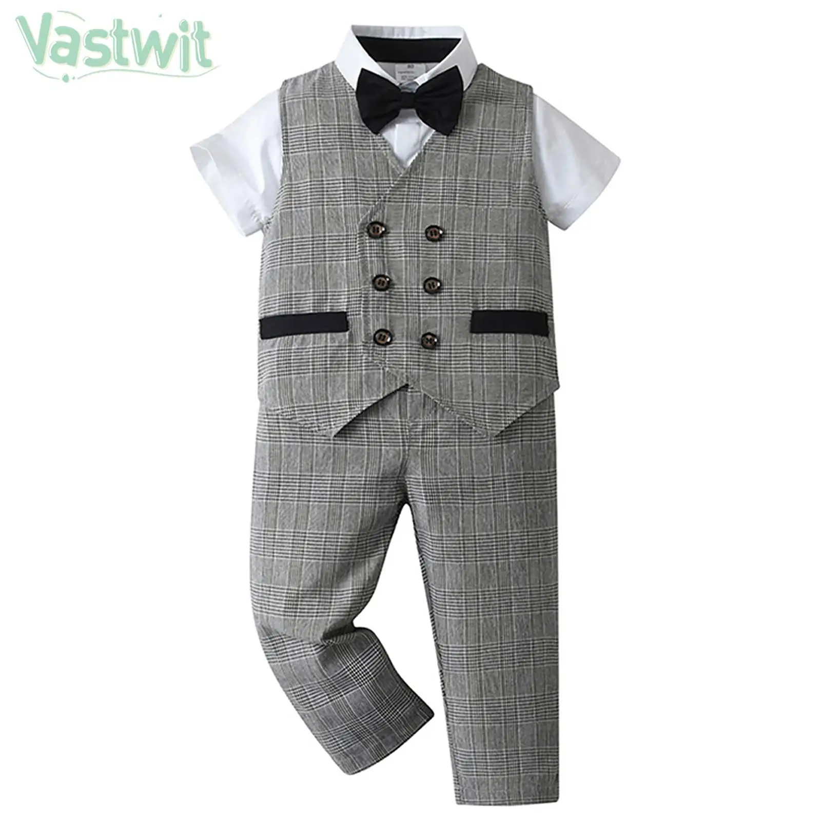 

Little Boys Summer Preppy Style Gentleman Suit Short Sleeve Shirt with Waistcoat Pants Formal Set for Wedding Birthday Party